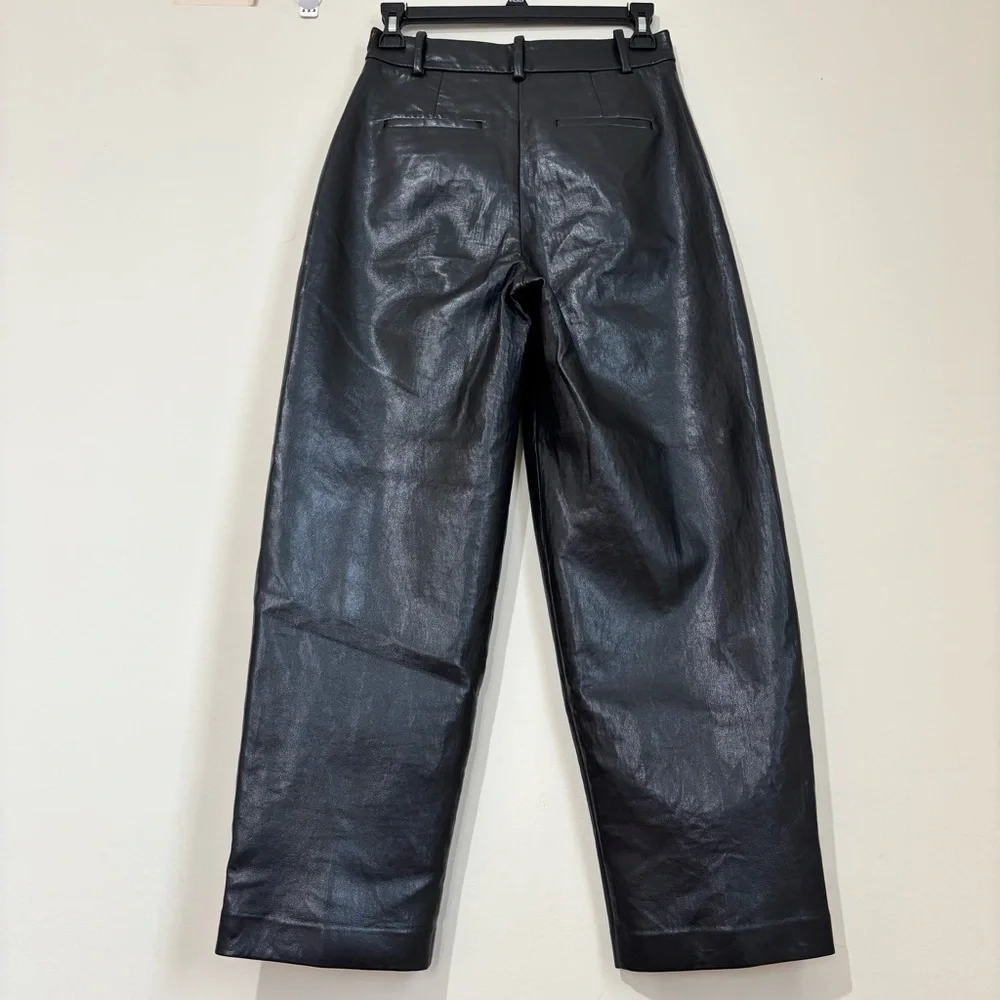 Wilfred preppy black soft faux leather high rise pleated straight leg crop pants